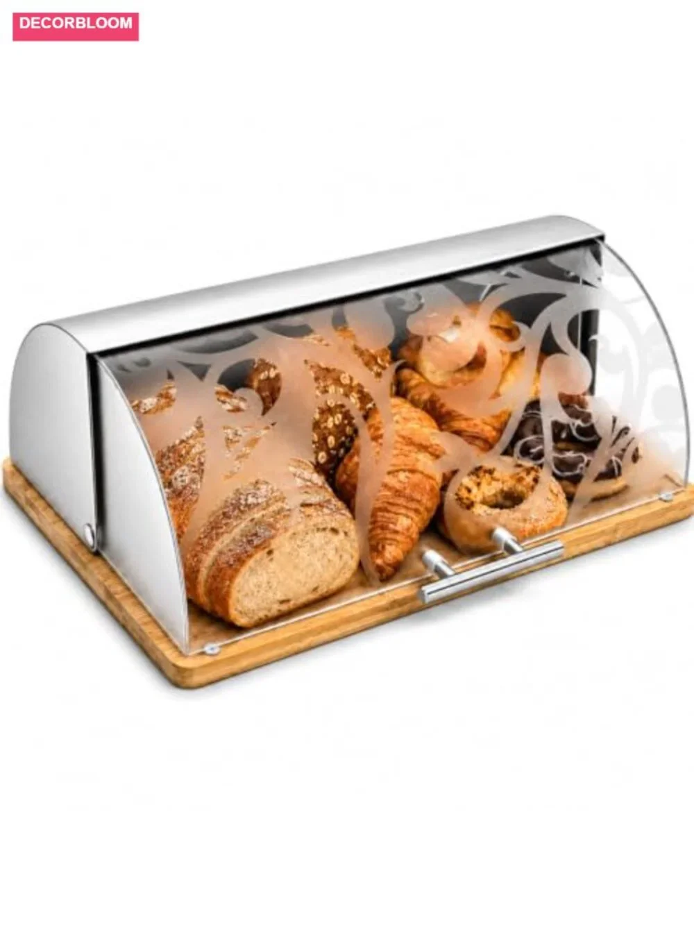 Modern Stainless Steel Roll-Top Bread Box with Bamboo Base, Acrylic Door